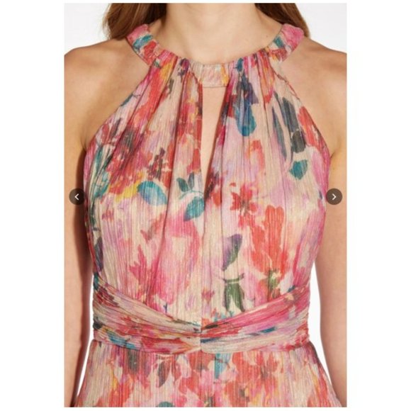 ADRIANNA PAPELL Floral Metallic Pleated Halter Gown - Picture 3 of 13